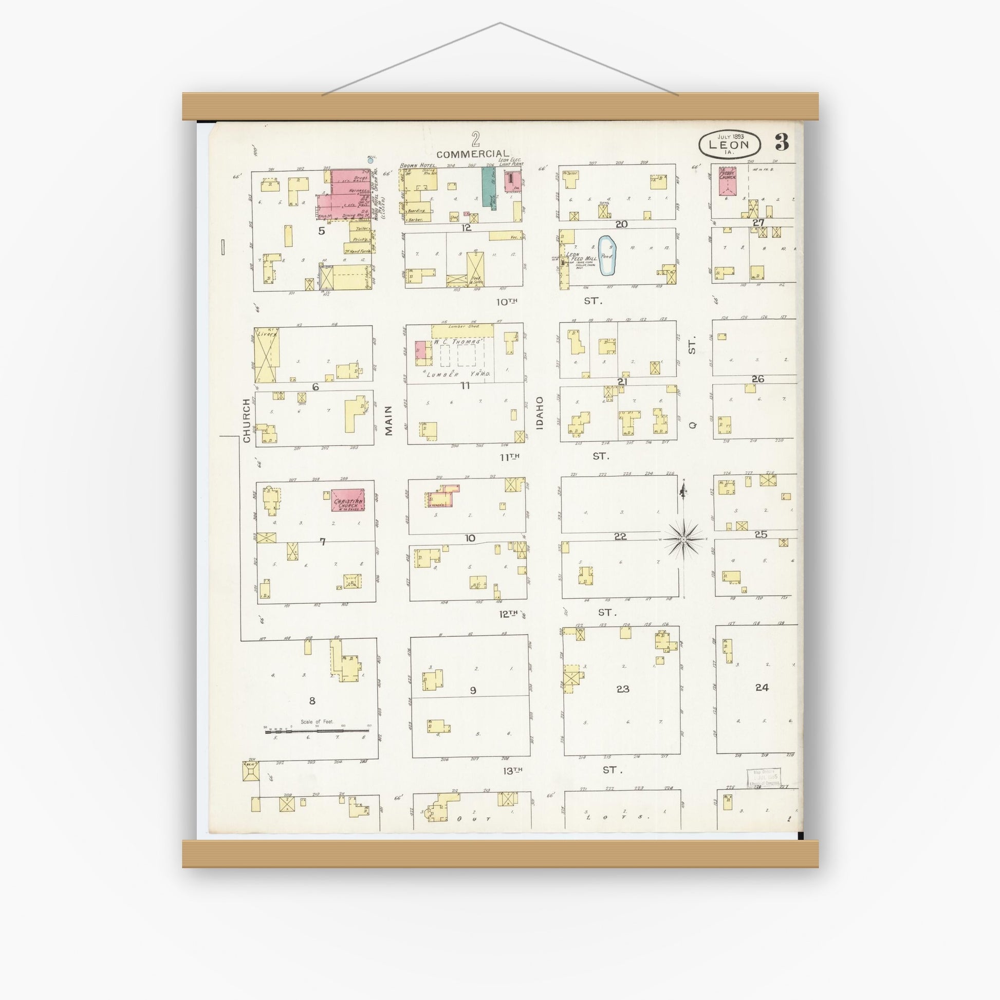 Old map wall art mockup — magnetic wood frame on white wall — Sanborn Fire Insurance Map from Leon, Decatur County, Iowa (1893), Sheet #0003