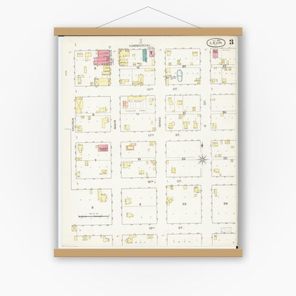 Old map wall art mockup — magnetic wood frame on white wall — Sanborn Fire Insurance Map from Leon, Decatur County, Iowa (1893), Sheet #0003