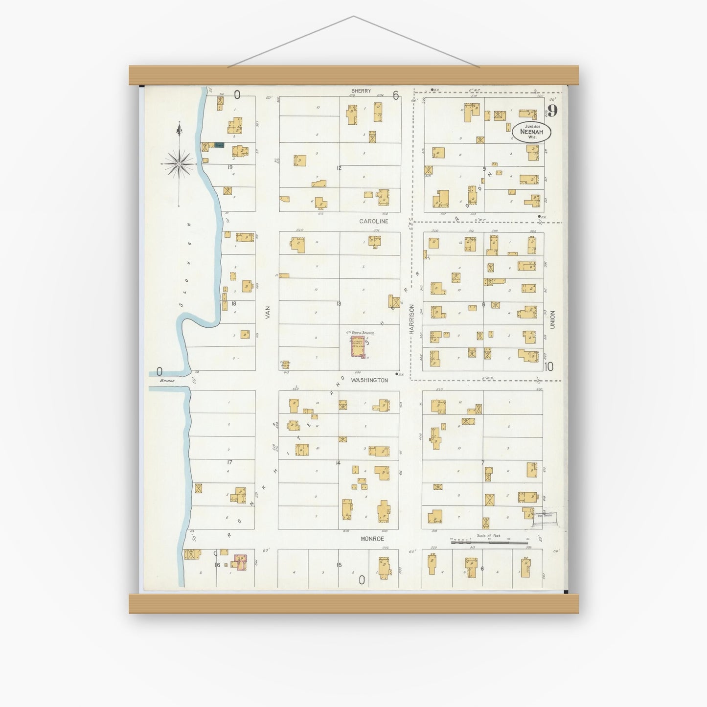 Old map wall art mockup — magnetic wood frame on white wall — Sanborn Fire Insurance Map from Neenah, Winnebago County, Wisconsin (1906), Sheet #0009