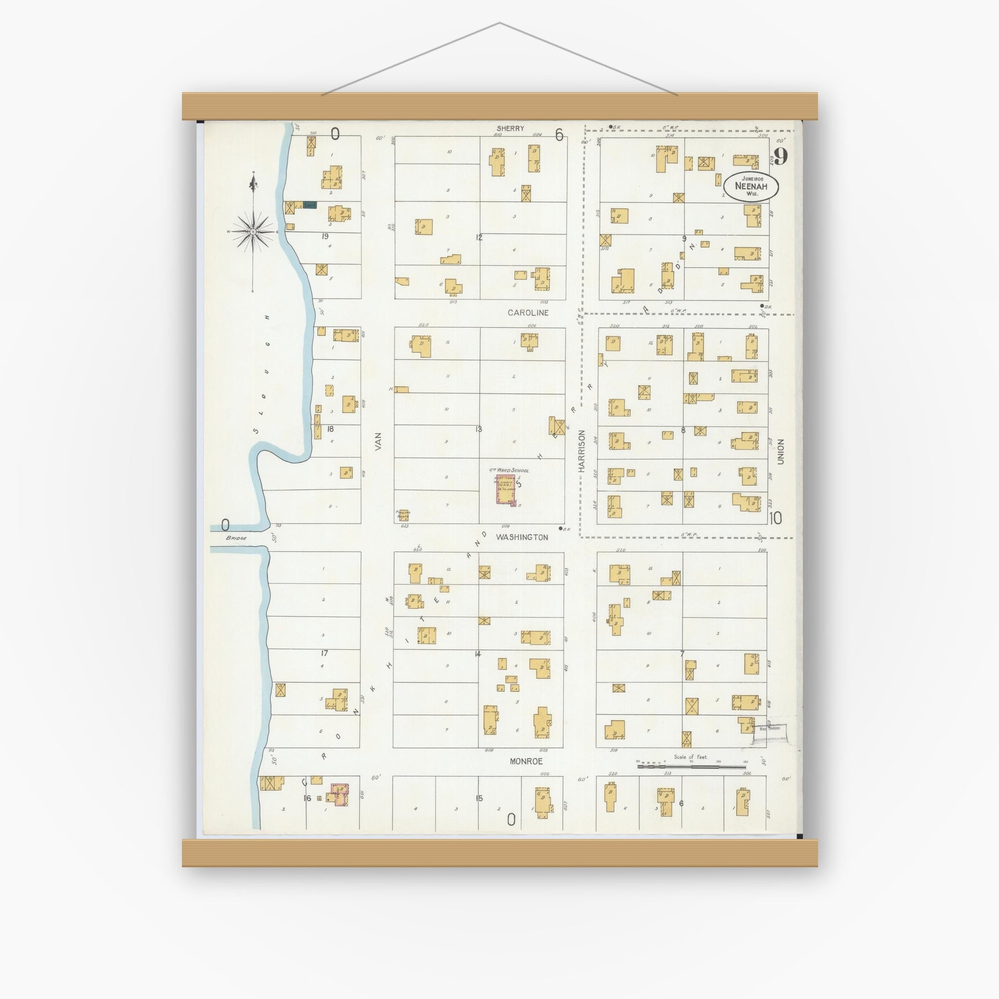 Old map wall art mockup — magnetic wood frame on white wall — Sanborn Fire Insurance Map from Neenah, Winnebago County, Wisconsin (1906), Sheet #0009