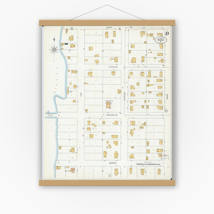 Old map wall art mockup — magnetic wood frame on white wall — Sanborn Fire Insurance Map from Neenah, Winnebago County, Wisconsin (1906), Sheet #0009