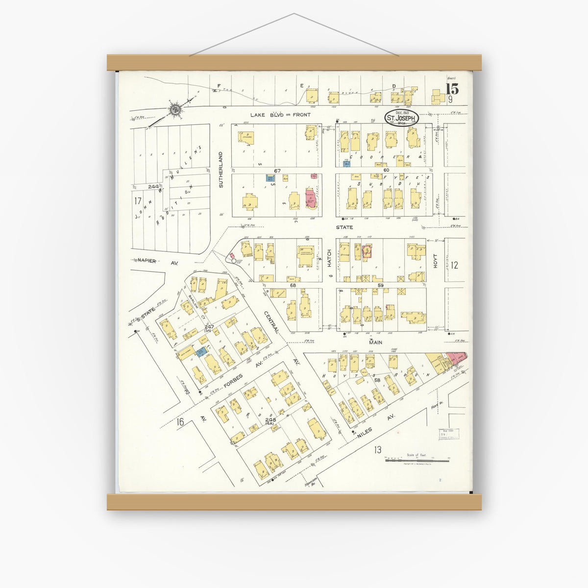 Old map wall art mockup — magnetic wood frame on white wall — Sanborn Fire Insurance Map from Saint Joseph, Berrien County, Michigan (1921), Sheet #0015