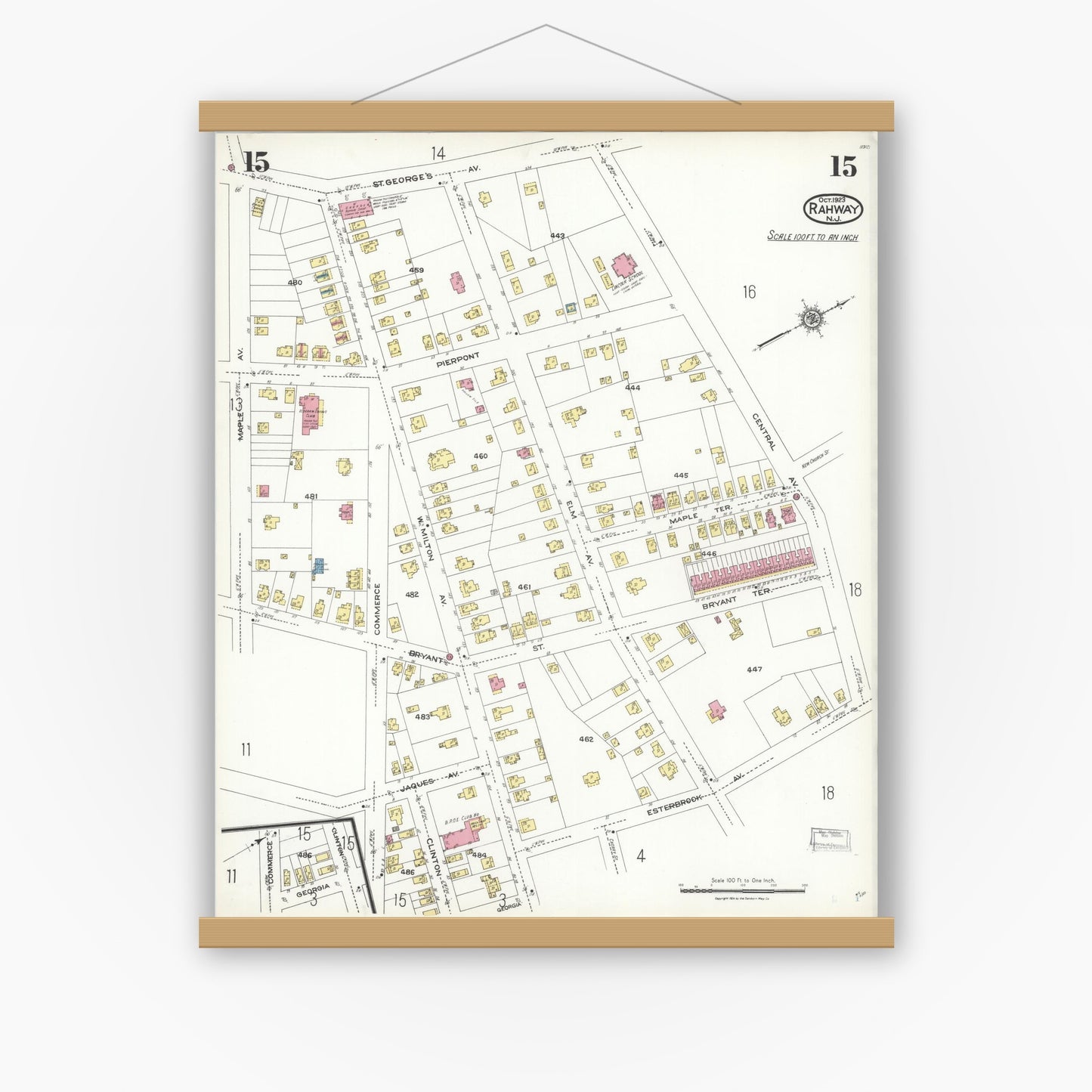 Old map wall art mockup — magnetic wood frame on white wall — Sanborn Fire Insurance Map from Rahway, Union County, New Jersey (1923), Sheet #0015