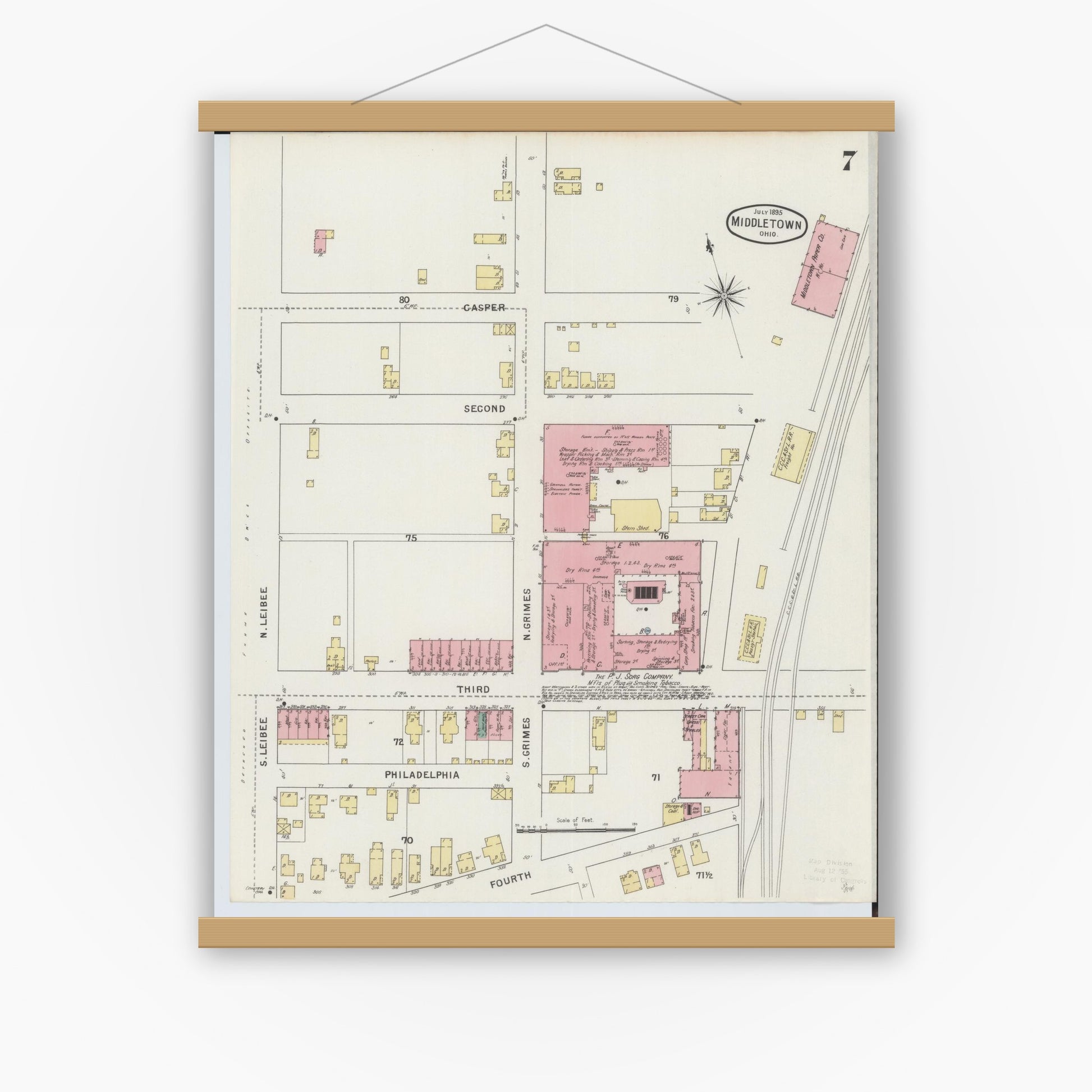 Old map wall art mockup — magnetic wood frame on white wall — Sanborn Fire Insurance Map from Middletown, Butler County, Ohio (1895), Sheet #0007