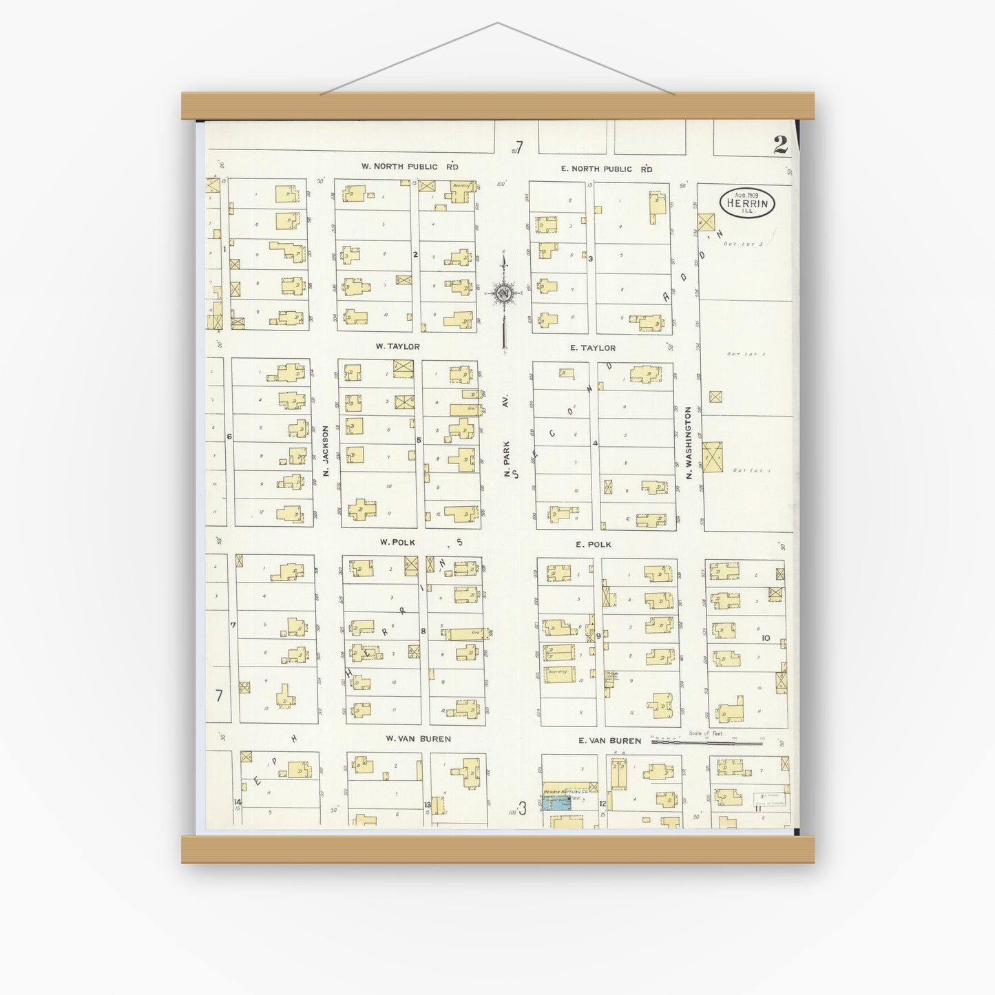 Old map wall art mockup — magnetic wood frame on white wall — Sanborn Fire Insurance Map from Herrin, Williamson County, Illinois (1909), Sheet #0002