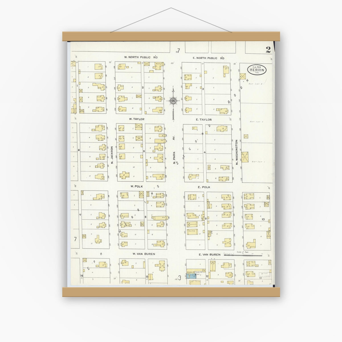 Old map wall art mockup — magnetic wood frame on white wall — Sanborn Fire Insurance Map from Herrin, Williamson County, Illinois (1909), Sheet #0002