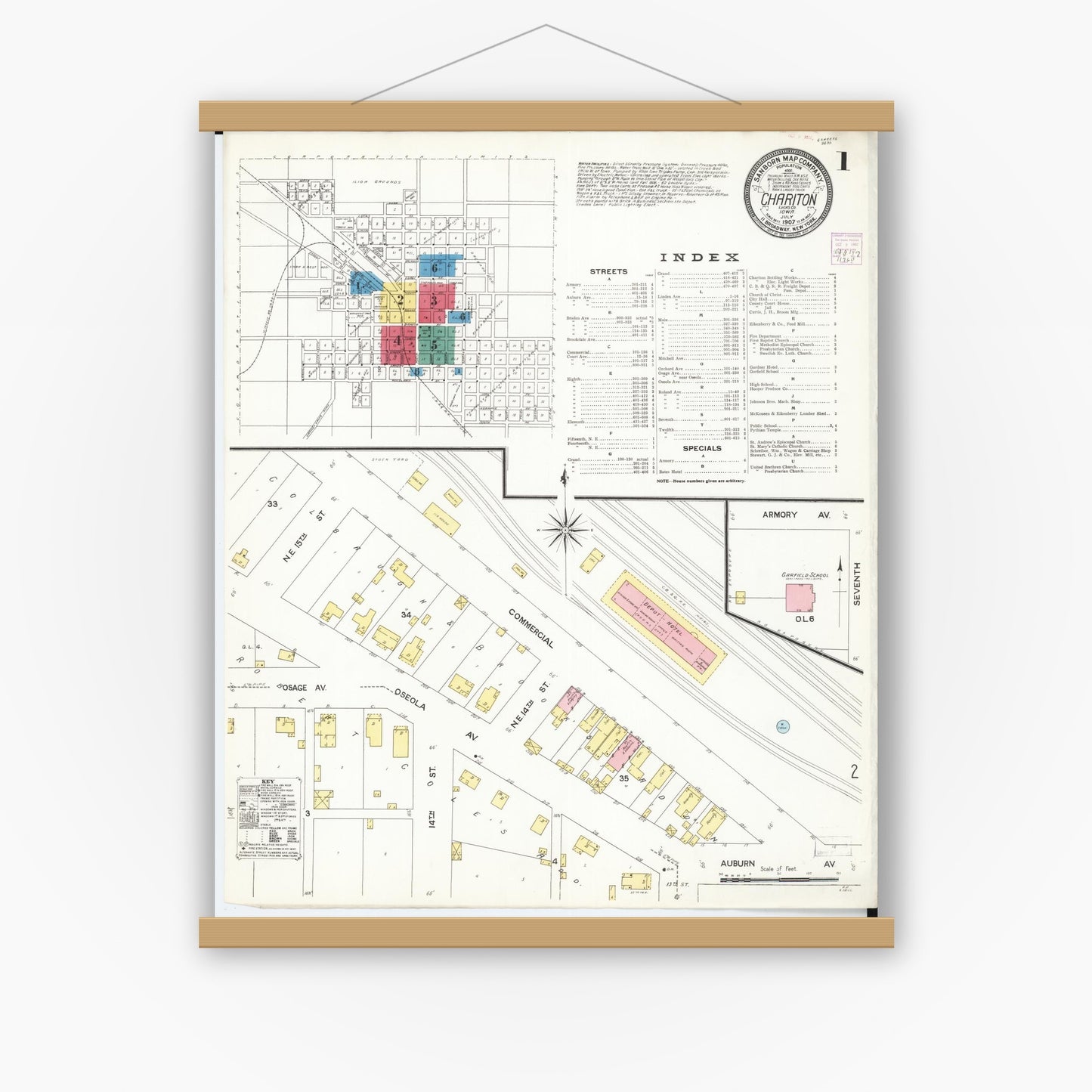 Old map wall art mockup — magnetic wood frame on white wall — Sanborn Fire Insurance Map from Chariton, Lucas County, Iowa (1907), Sheet #0001