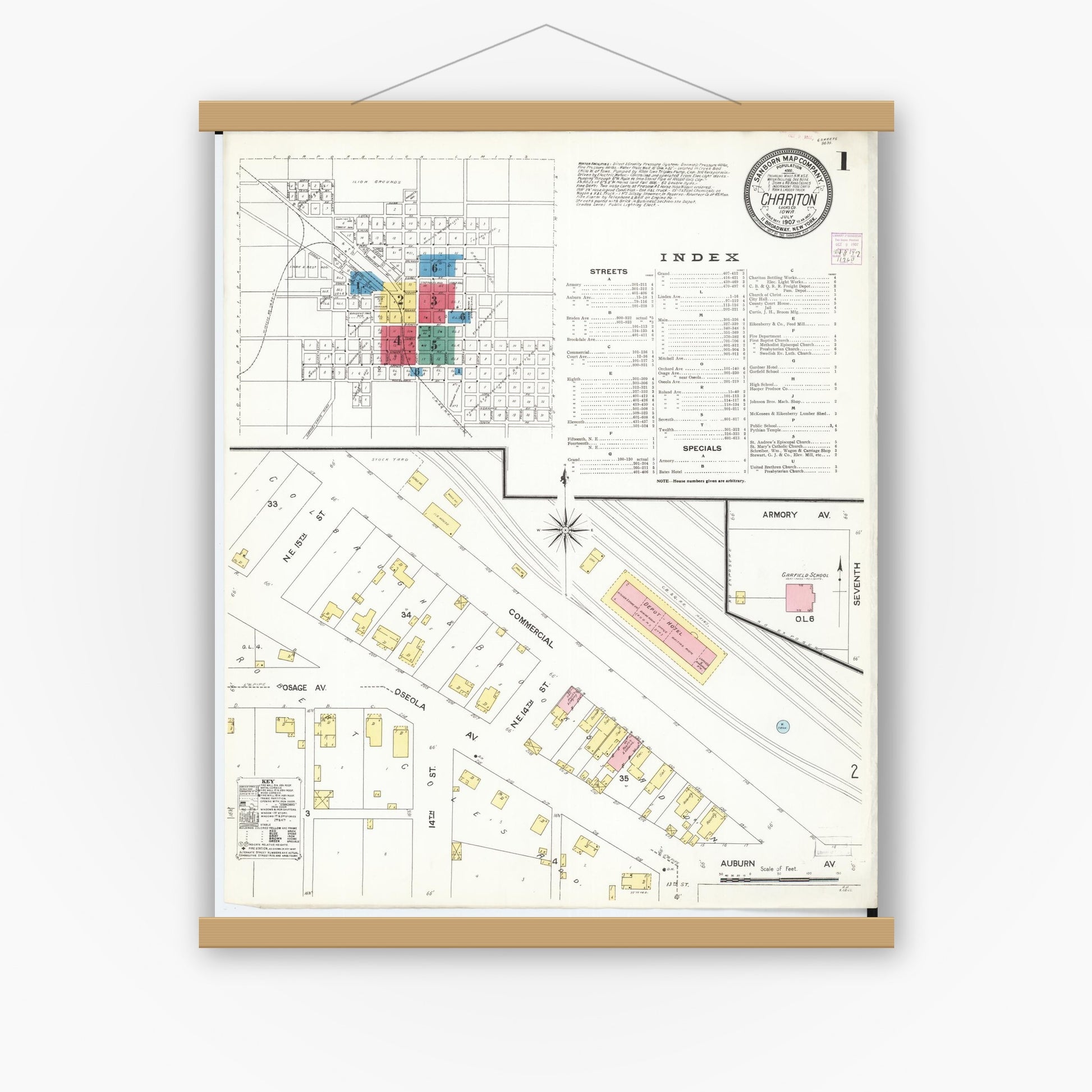 Old map wall art mockup — magnetic wood frame on white wall — Sanborn Fire Insurance Map from Chariton, Lucas County, Iowa (1907), Sheet #0001