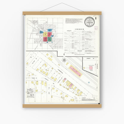 Old map wall art mockup — magnetic wood frame on white wall — Sanborn Fire Insurance Map from Chariton, Lucas County, Iowa (1907), Sheet #0001