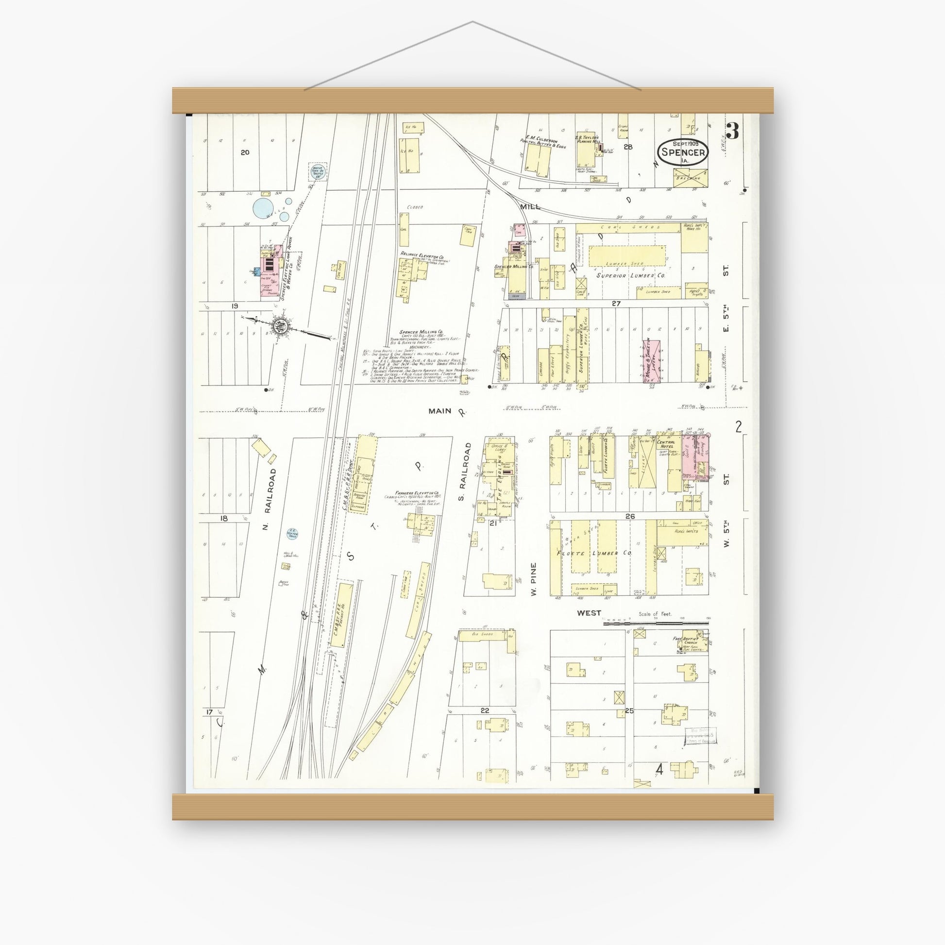 Old map wall art mockup — magnetic wood frame on white wall — Sanborn Fire Insurance Map from Spencer, Clay County, Iowa (1909), Sheet #0003
