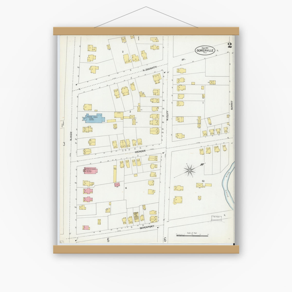 Old map wall art mockup — magnetic wood frame on white wall — Sanborn Fire Insurance Map from Somerville, Somerset County, New Jersey (1902), Sheet #0002