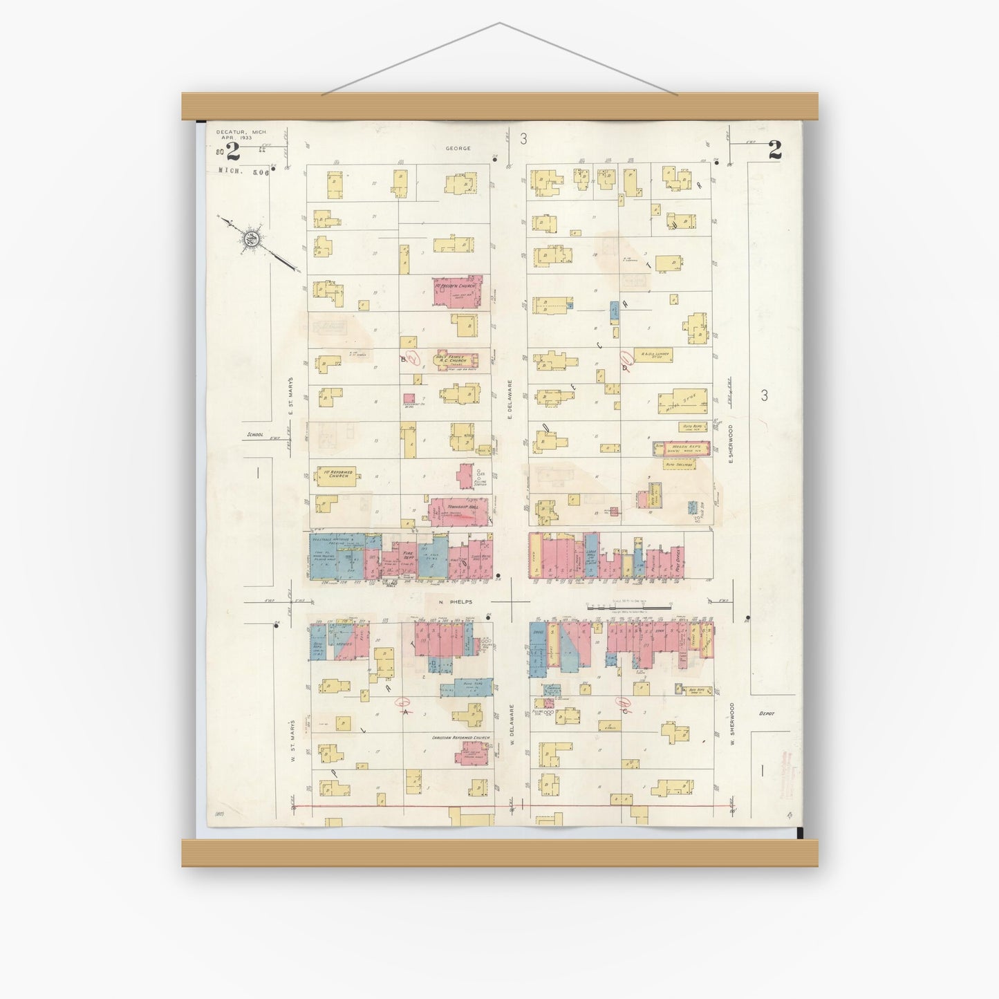 Old map wall art mockup — magnetic wood frame on white wall — Sanborn Fire Insurance Map from Decatur, Van Buren County, Michigan (1944), Sheet #0002