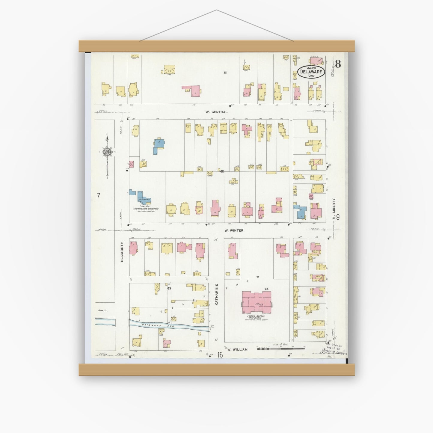 Old map wall art mockup — magnetic wood frame on white wall — Sanborn Fire Insurance Map from Delaware, Delaware County, Ohio (1911), Sheet #0008