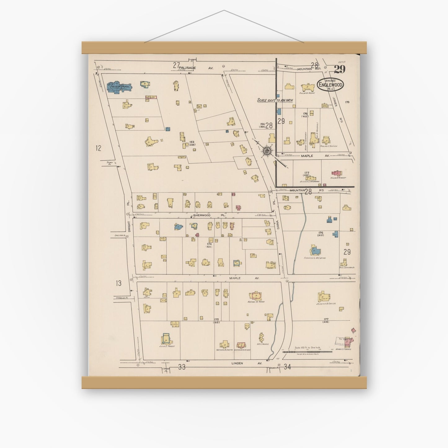 Old map wall art mockup — magnetic wood frame on white wall — Sanborn Fire Insurance Map from Englewood, Bergen County, New Jersey (1922), Sheet #0029