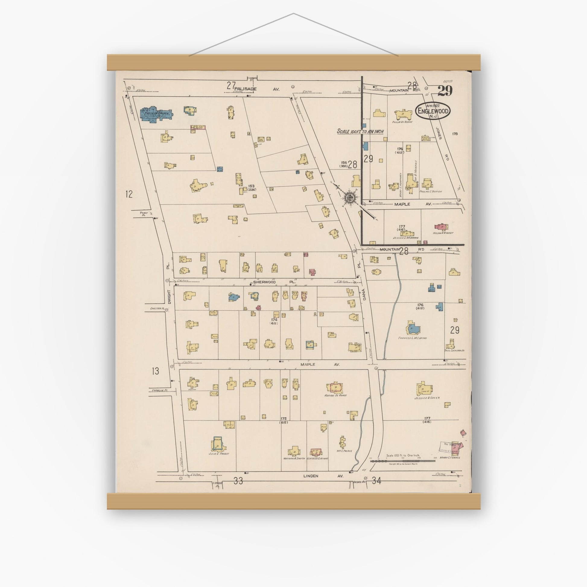 Old map wall art mockup — magnetic wood frame on white wall — Sanborn Fire Insurance Map from Englewood, Bergen County, New Jersey (1922), Sheet #0029