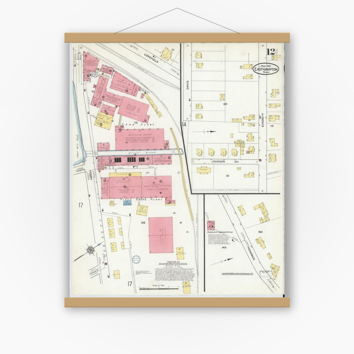 Old map wall art mockup — magnetic wood frame on white wall — Sanborn Fire Insurance Map from East Hampton, Hampshire County, Massachusetts (1916), Sheet #0012