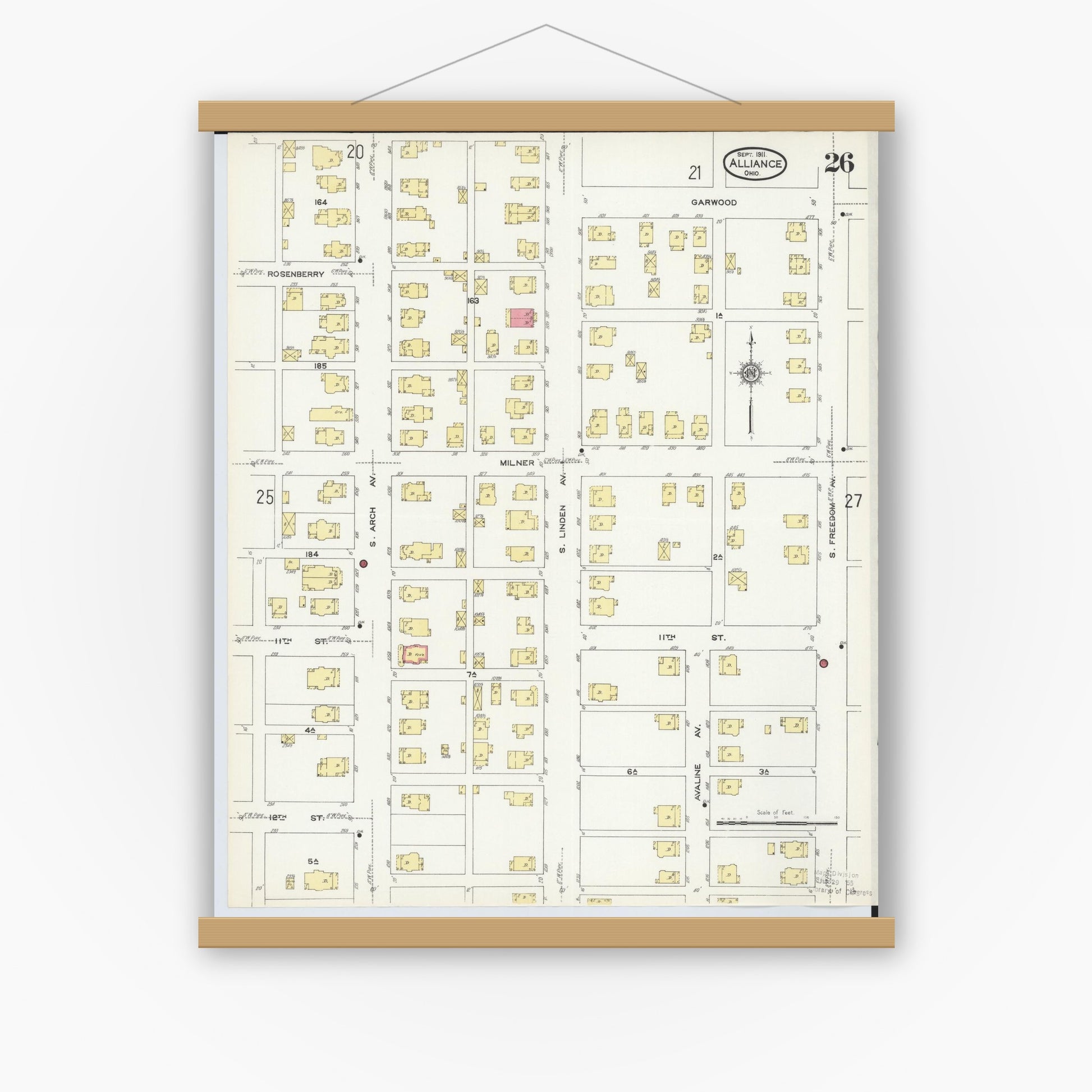 Old map wall art mockup — magnetic wood frame on white wall — Sanborn Fire Insurance Map from Alliance, Stark County, Ohio (1911), Sheet #0026