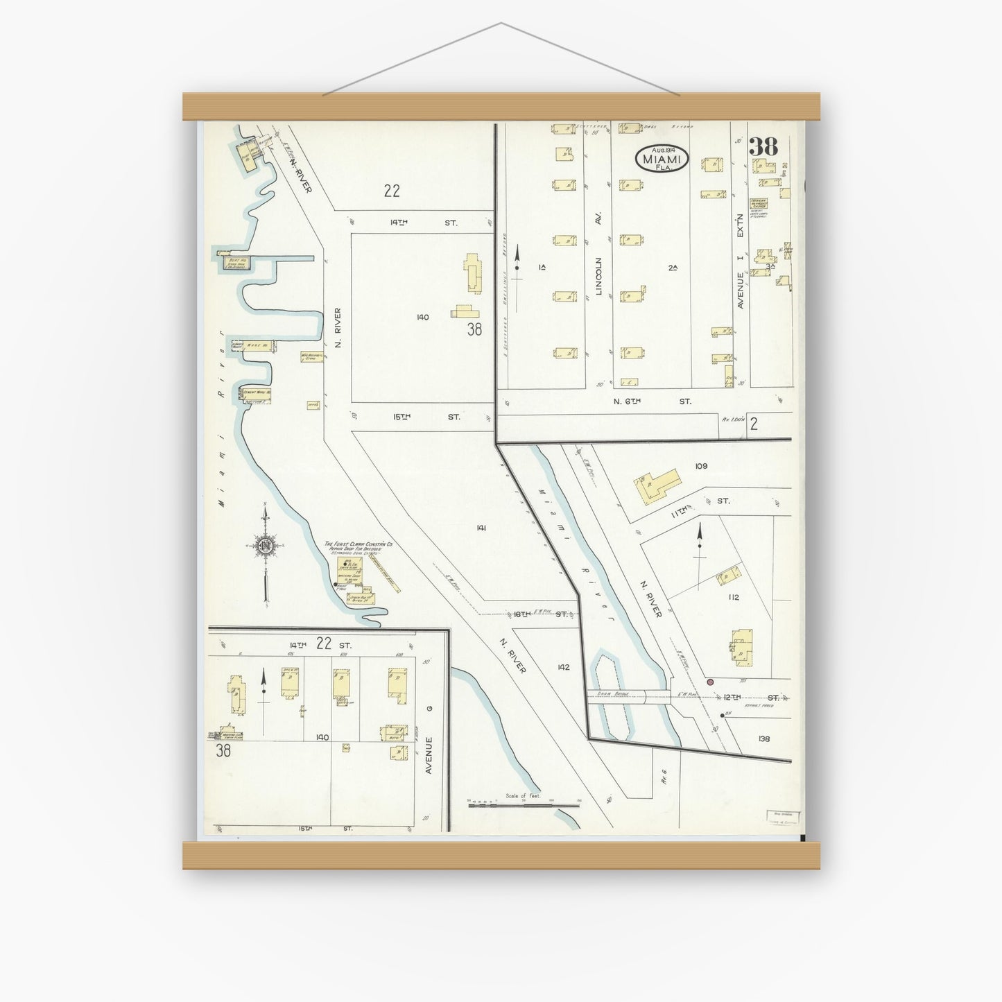 Old map wall art mockup — magnetic wood frame on white wall — Sanborn Fire Insurance Map from Miami, Dade County, Florida (1914), Sheet #0038