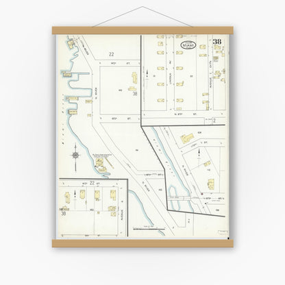 Old map wall art mockup — magnetic wood frame on white wall — Sanborn Fire Insurance Map from Miami, Dade County, Florida (1914), Sheet #0038