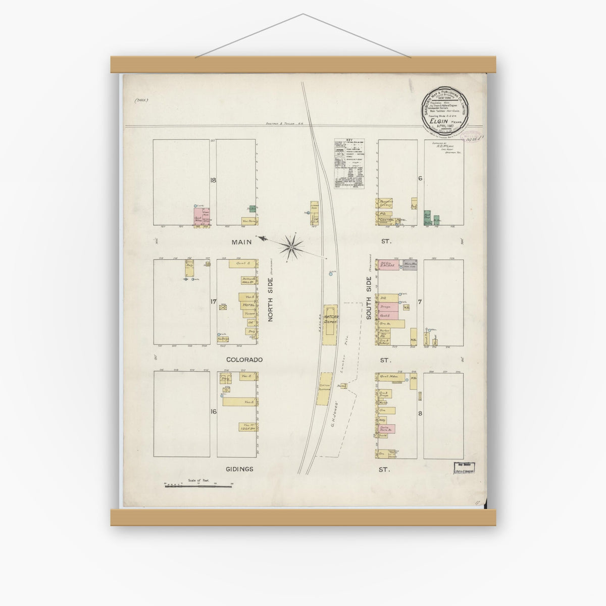 Old map wall art mockup — magnetic wood frame on white wall — Sanborn Fire Insurance Map from Elgin, Bastrop County, Texas (1887), Sheet #0001