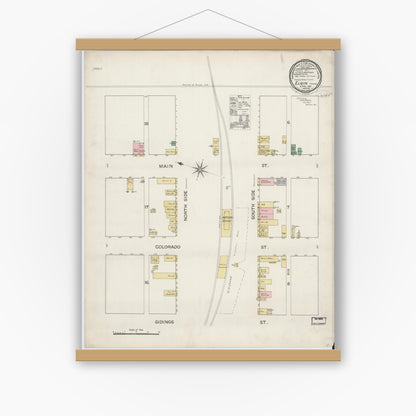 Old map wall art mockup — magnetic wood frame on white wall — Sanborn Fire Insurance Map from Elgin, Bastrop County, Texas (1887), Sheet #0001