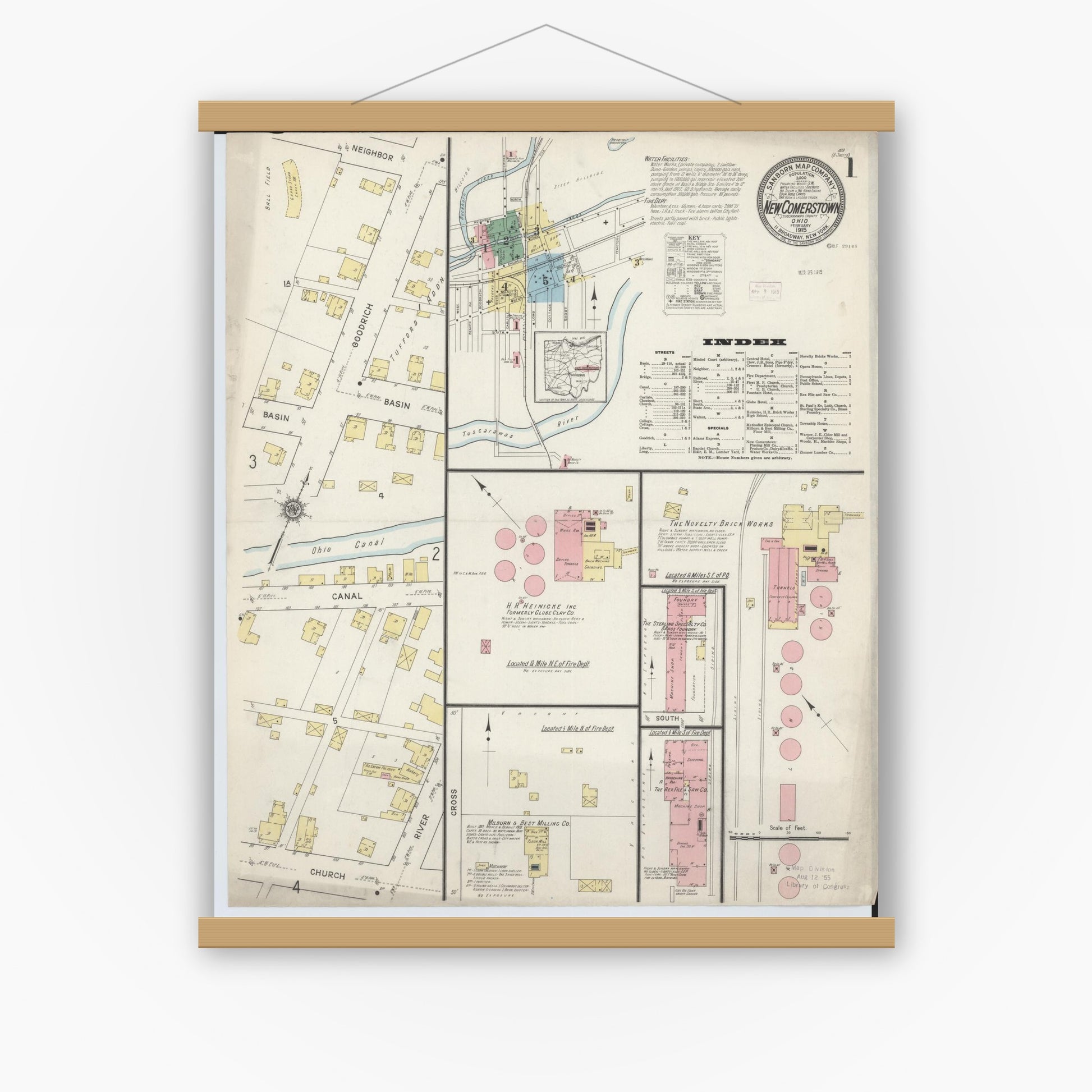Old map wall art mockup — magnetic wood frame on white wall — Sanborn Fire Insurance Map from Newcomerstown, Tuscarawas County, Ohio (1915), Sheet #0001