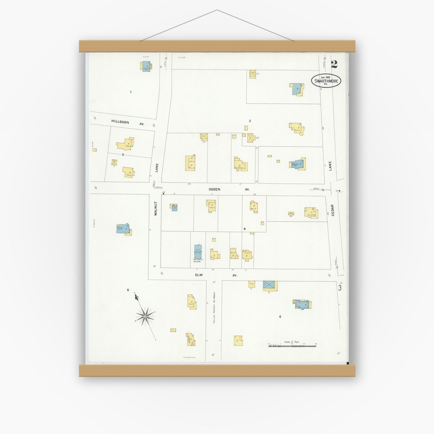 Old map wall art mockup — magnetic wood frame on white wall — Sanborn Fire Insurance Map from Swarthmore, Delaware County, Pennsylvania (1909), Sheet #0002