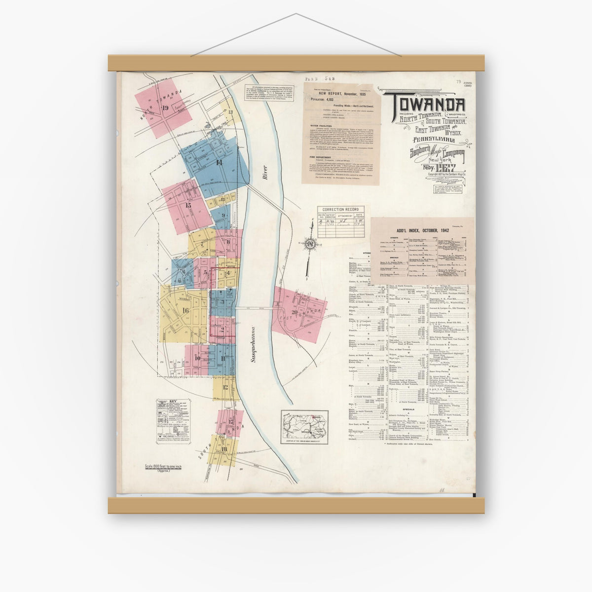 Old map wall art mockup — magnetic wood frame on white wall — Sanborn Fire Insurance Map from Towanda, Bradford County, Pennsylvania (1949), Sheet #0001