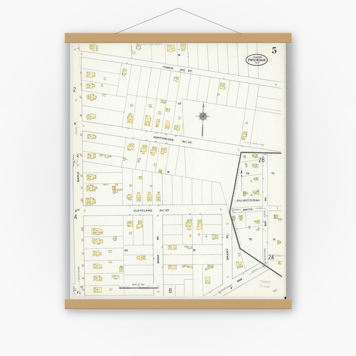 Old map wall art mockup — magnetic wood frame on white wall — Sanborn Fire Insurance Map from Patchogue, Suffolk County, New York (1910), Sheet #0005