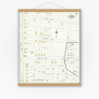 Old map wall art mockup — magnetic wood frame on white wall — Sanborn Fire Insurance Map from Patchogue, Suffolk County, New York (1910), Sheet #0005