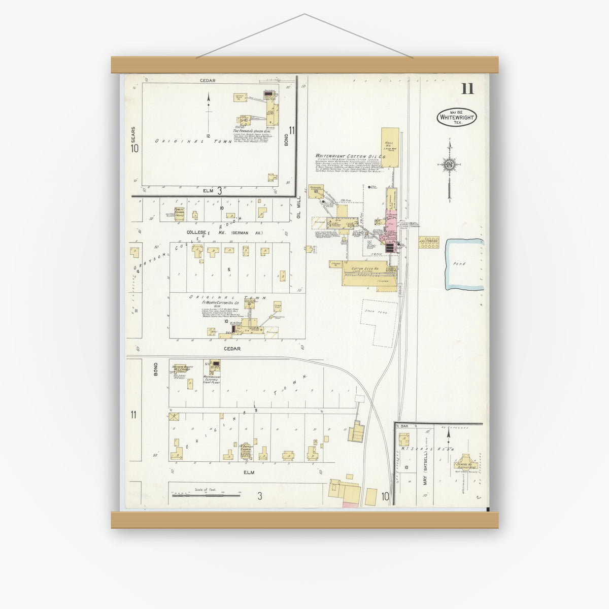 Old map wall art mockup — magnetic wood frame on white wall — Sanborn Fire Insurance Map from Whitewright, Grayson County, Texas (1912), Sheet #0011