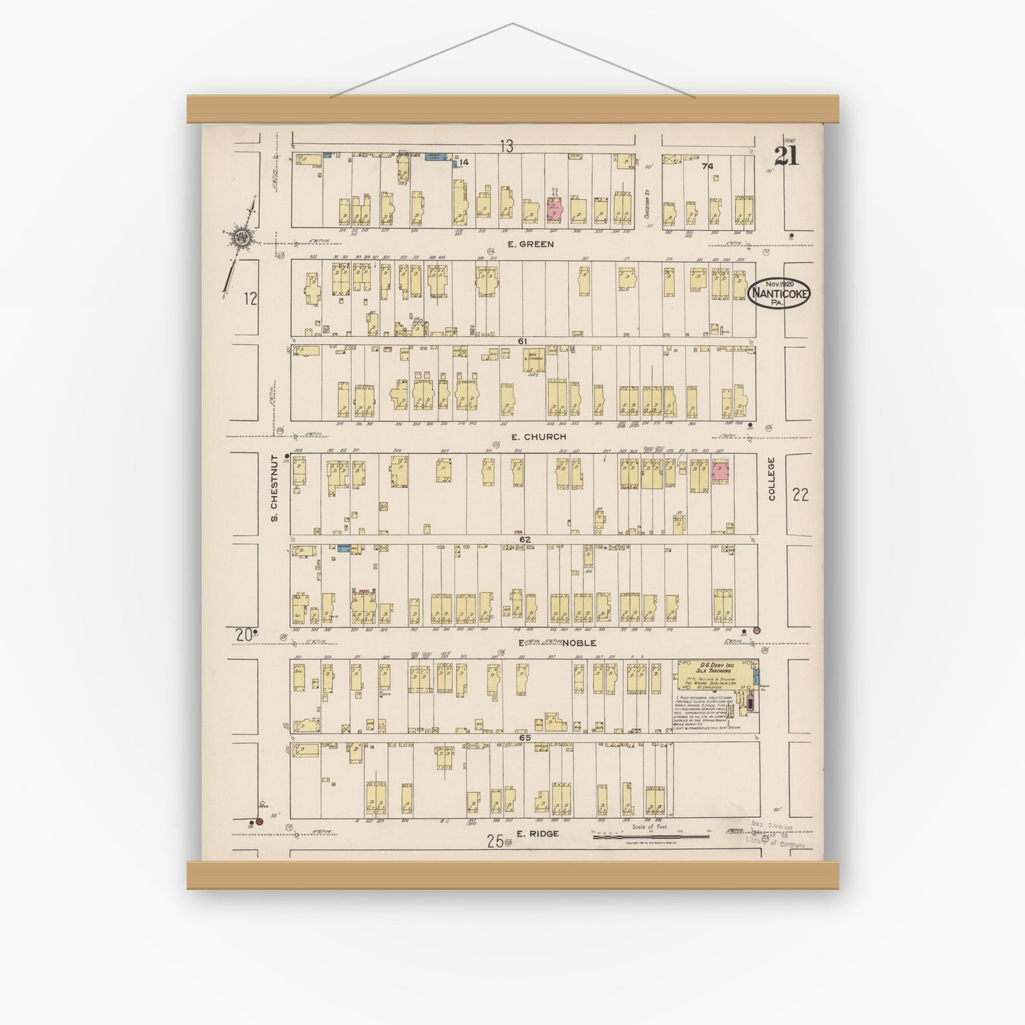 Old map wall art mockup — magnetic wood frame on white wall — Sanborn Fire Insurance Map from Nanticoke, Luzerne County, Pennsylvania (1920), Sheet #0021