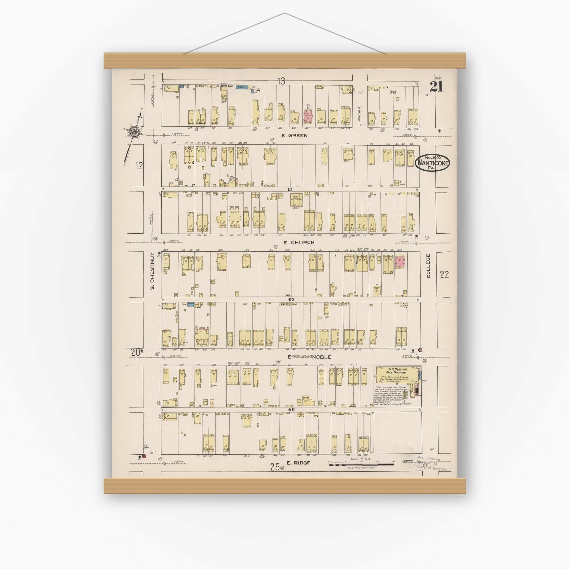 Old map wall art mockup — magnetic wood frame on white wall — Sanborn Fire Insurance Map from Nanticoke, Luzerne County, Pennsylvania (1920), Sheet #0021