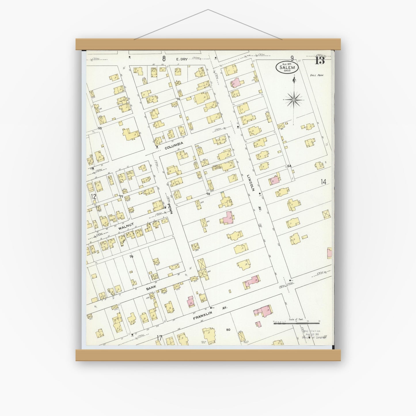 Old map wall art mockup — magnetic wood frame on white wall — Sanborn Fire Insurance Map from Salem, Columbiana County, Ohio (1909), Sheet #0013