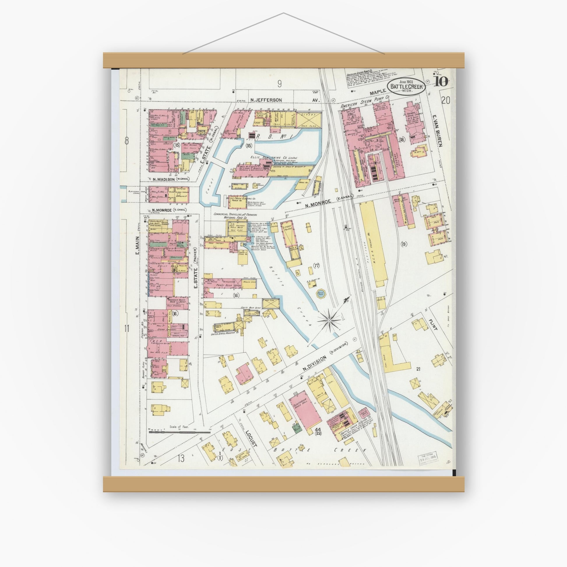 Old map wall art mockup — magnetic wood frame on white wall — Sanborn Fire Insurance Map from Battle Creek, Calhoun County, Michigan (1902), Sheet #0010