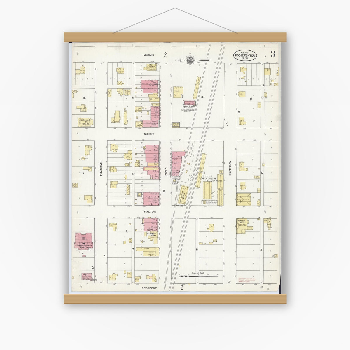 Old map wall art mockup — magnetic wood frame on white wall — Sanborn Fire Insurance Map from Dodge Center, Dodge County, Minnesota (1910), Sheet #0003