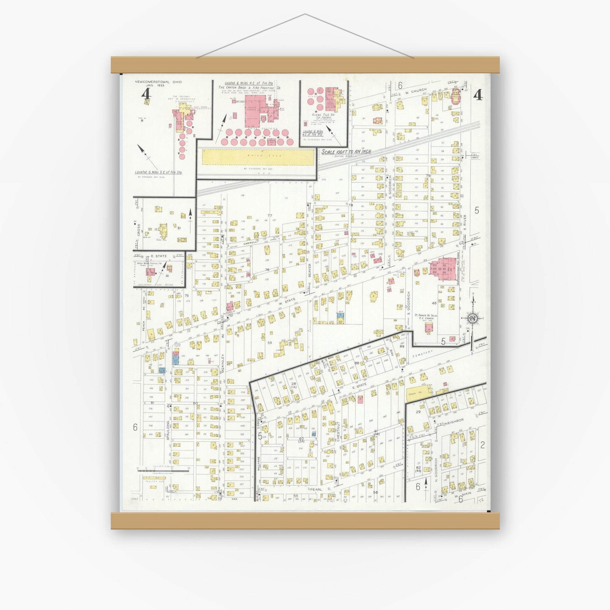 Old map wall art mockup — magnetic wood frame on white wall — Sanborn Fire Insurance Map from Newcomerstown, Tuscarawas County, Ohio (1933), Sheet #0004