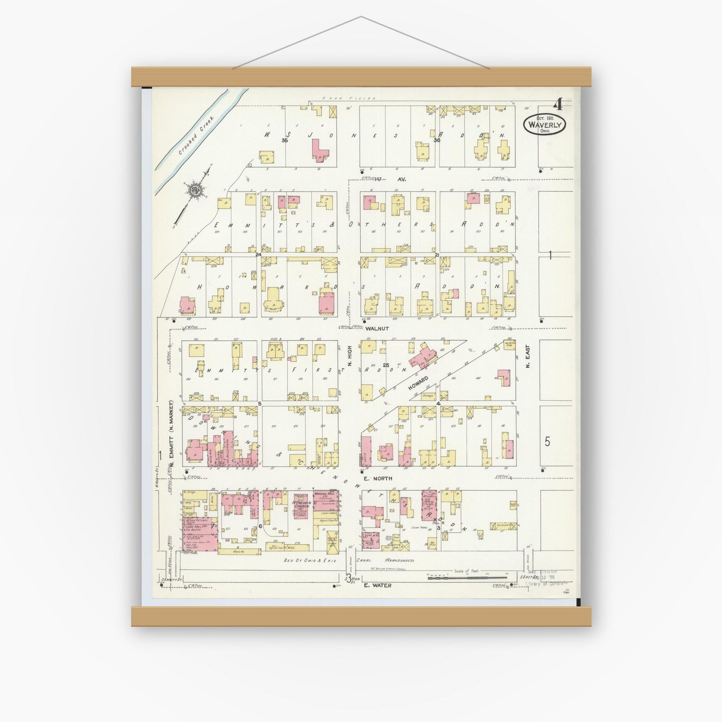 Old map wall art mockup — magnetic wood frame on white wall — Sanborn Fire Insurance Map from Waverly, Pike County, Ohio (1911), Sheet #0004