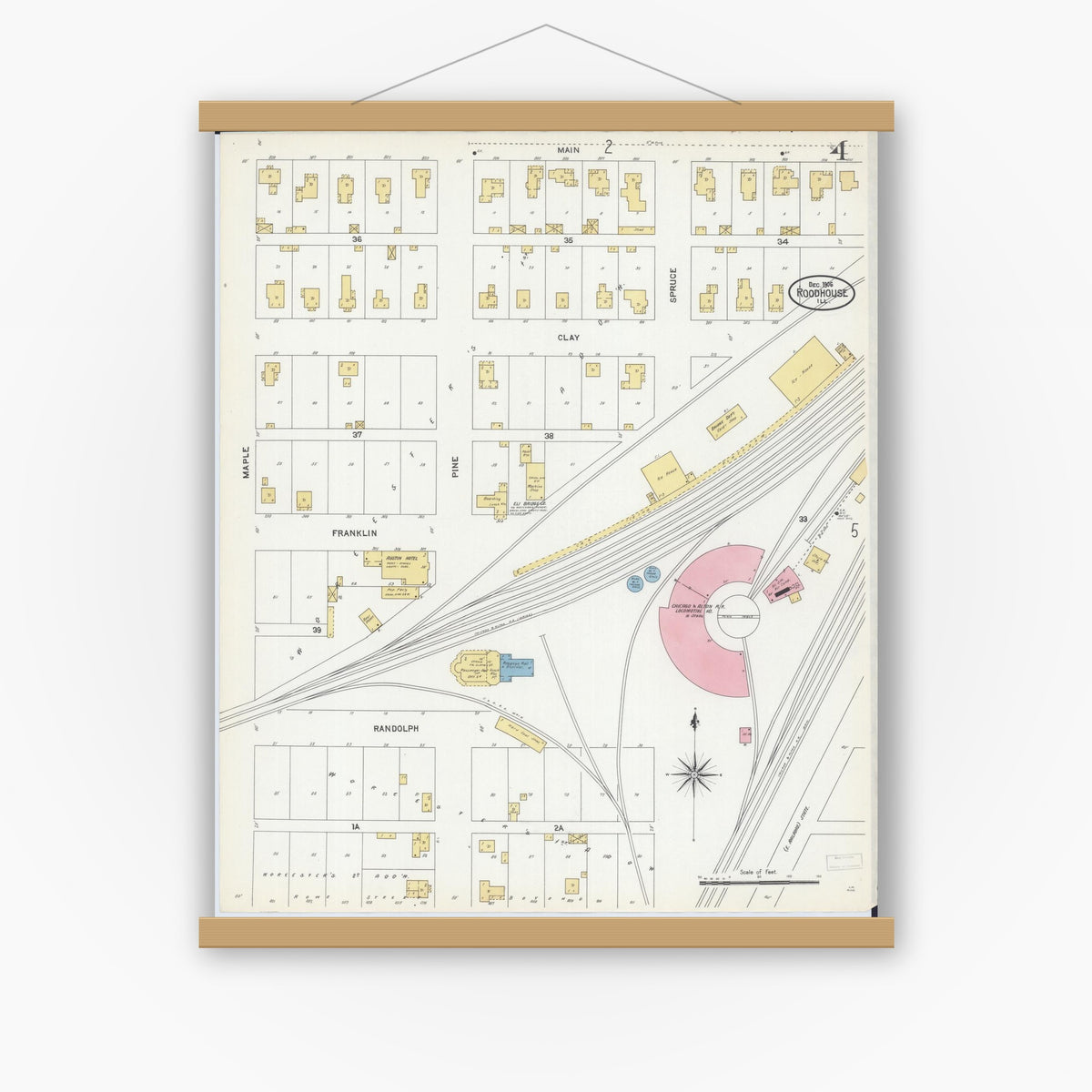Old map wall art mockup — magnetic wood frame on white wall — Sanborn Fire Insurance Map from Roodhouse, Greene County, Illinois (1906), Sheet #0004