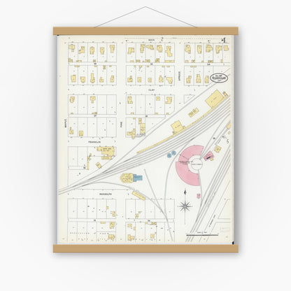 Old map wall art mockup — magnetic wood frame on white wall — Sanborn Fire Insurance Map from Roodhouse, Greene County, Illinois (1906), Sheet #0004