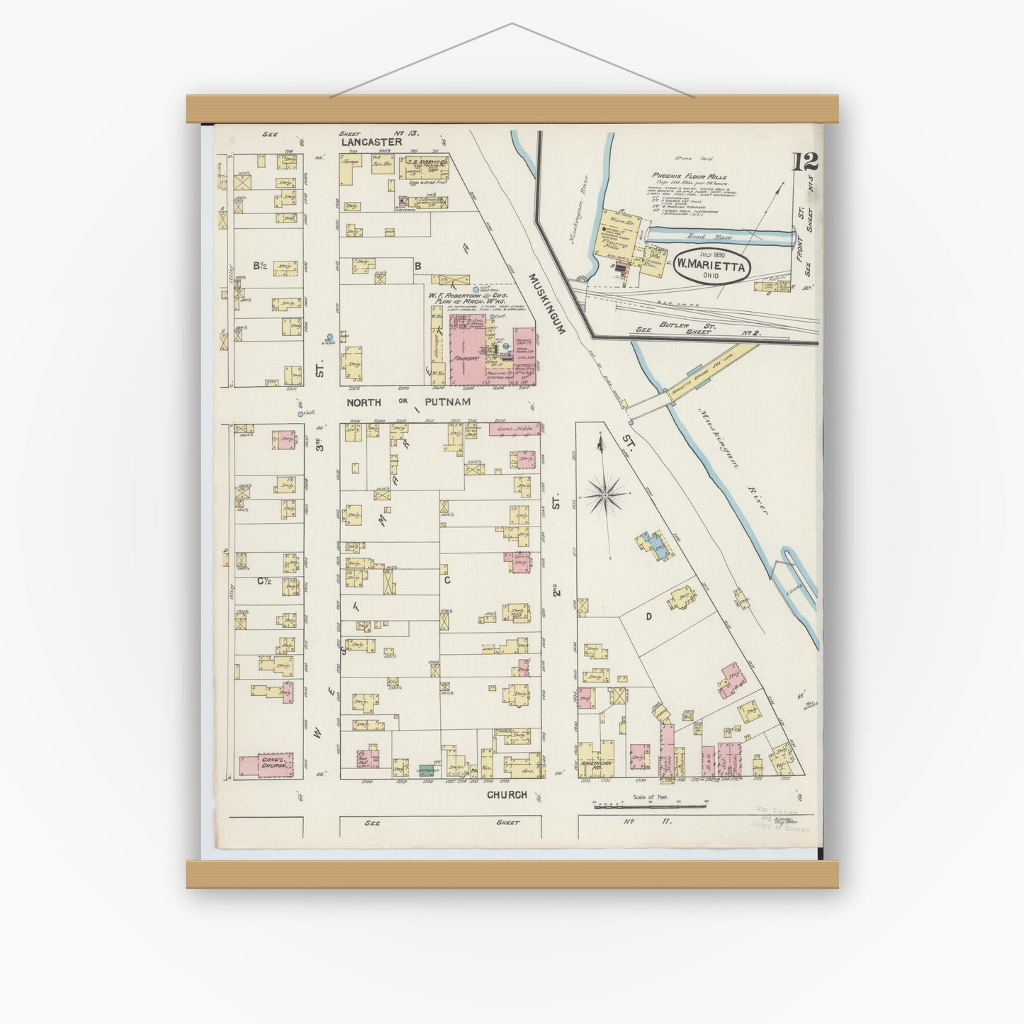 Old map wall art mockup — magnetic wood frame on white wall — Sanborn Fire Insurance Map from Marietta, Washington County, Ohio (1890), Sheet #0012