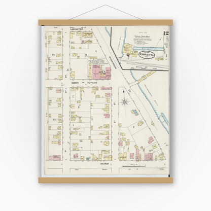 Old map wall art mockup — magnetic wood frame on white wall — Sanborn Fire Insurance Map from Marietta, Washington County, Ohio (1890), Sheet #0012