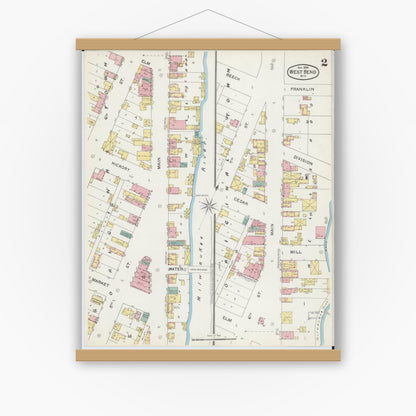 Old map wall art mockup — magnetic wood frame on white wall — Sanborn Fire Insurance Map from West Bend, Washington County, Wisconsin (1892), Sheet #0002