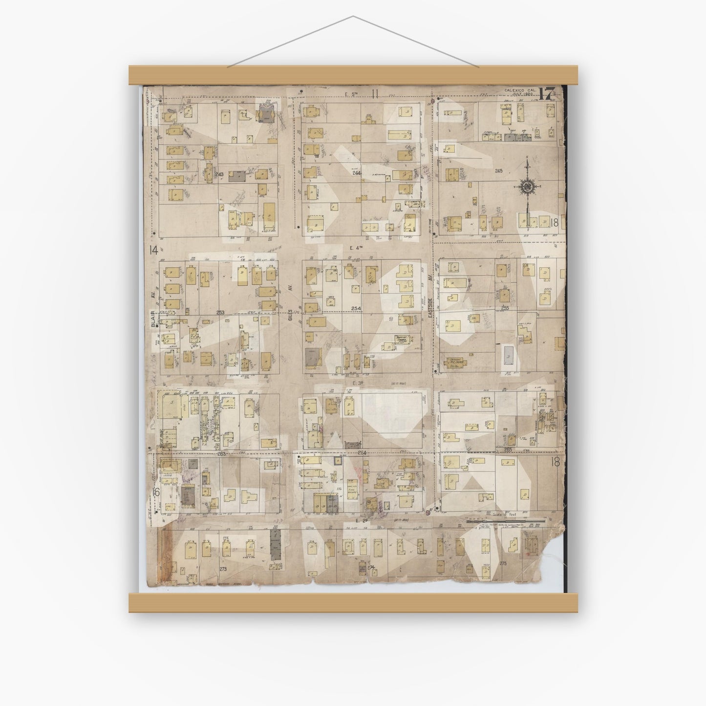 Old map wall art mockup — magnetic wood frame on white wall — Sanborn Fire Insurance Map from Calexico, Imperial County, California (1956), Sheet #0017