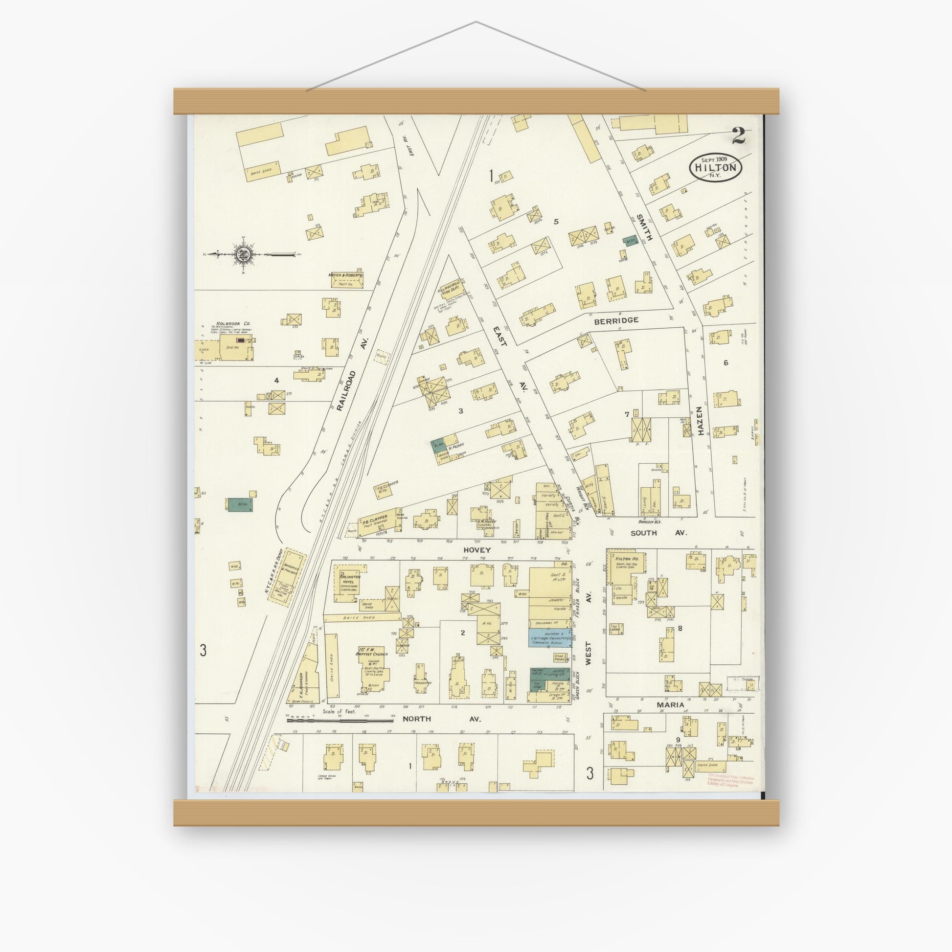 Old map wall art mockup — magnetic wood frame on white wall — Sanborn Fire Insurance Map from Hilton, Monroe County, New York (1909), Sheet #0002
