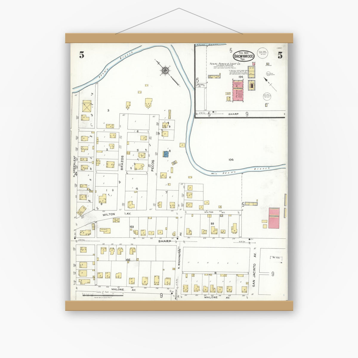 Old map wall art mockup — magnetic wood frame on white wall — Sanborn Fire Insurance Map from Brownwood, Brown County, Texas (1923), Sheet #0005