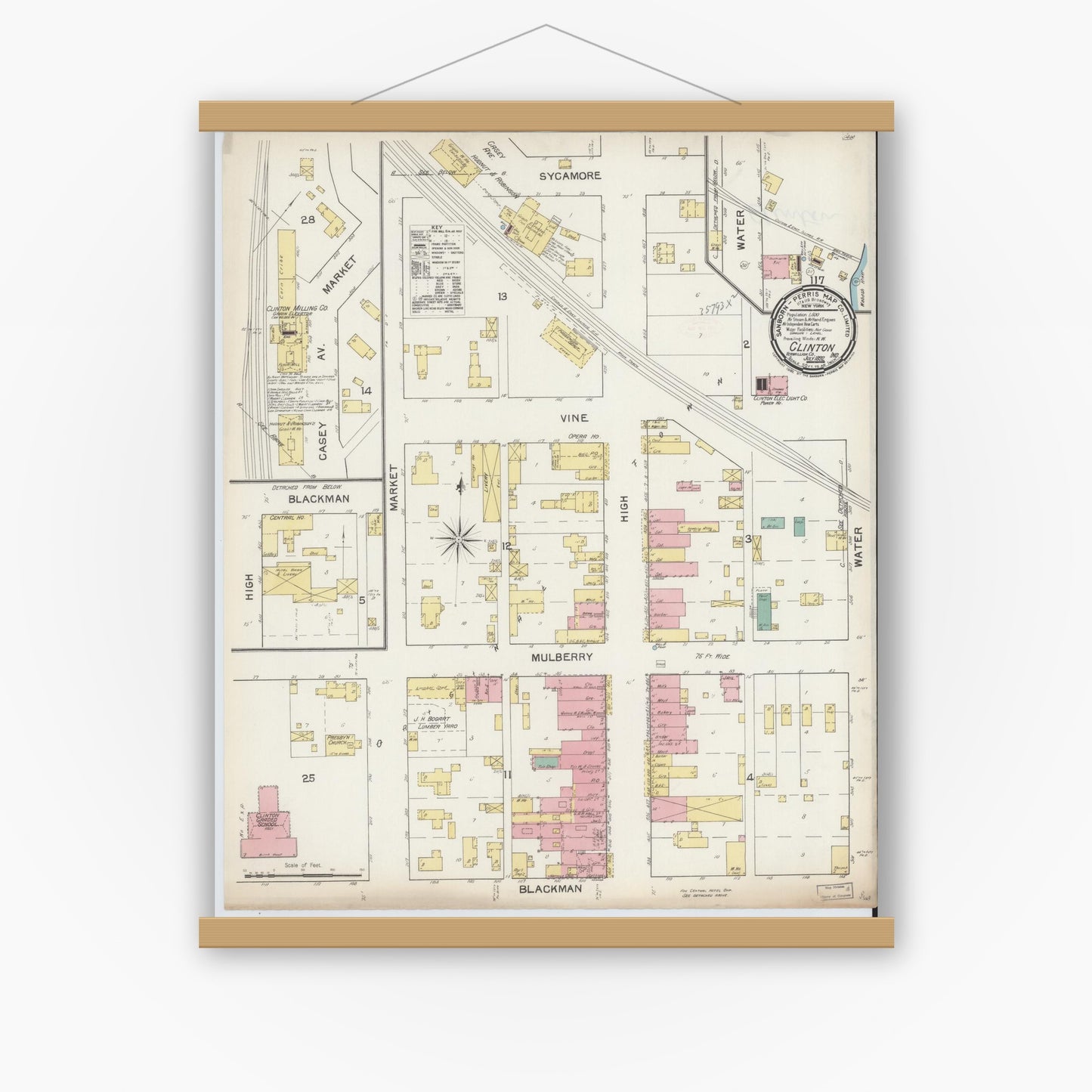 Old map wall art mockup — magnetic wood frame on white wall — Sanborn Fire Insurance Map from Clinton, Vermillion County, Indiana (1892), Sheet #0001