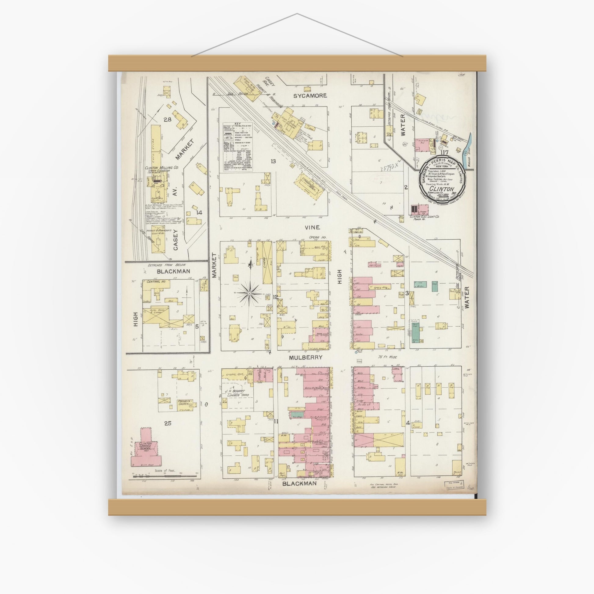 Old map wall art mockup — magnetic wood frame on white wall — Sanborn Fire Insurance Map from Clinton, Vermillion County, Indiana (1892), Sheet #0001