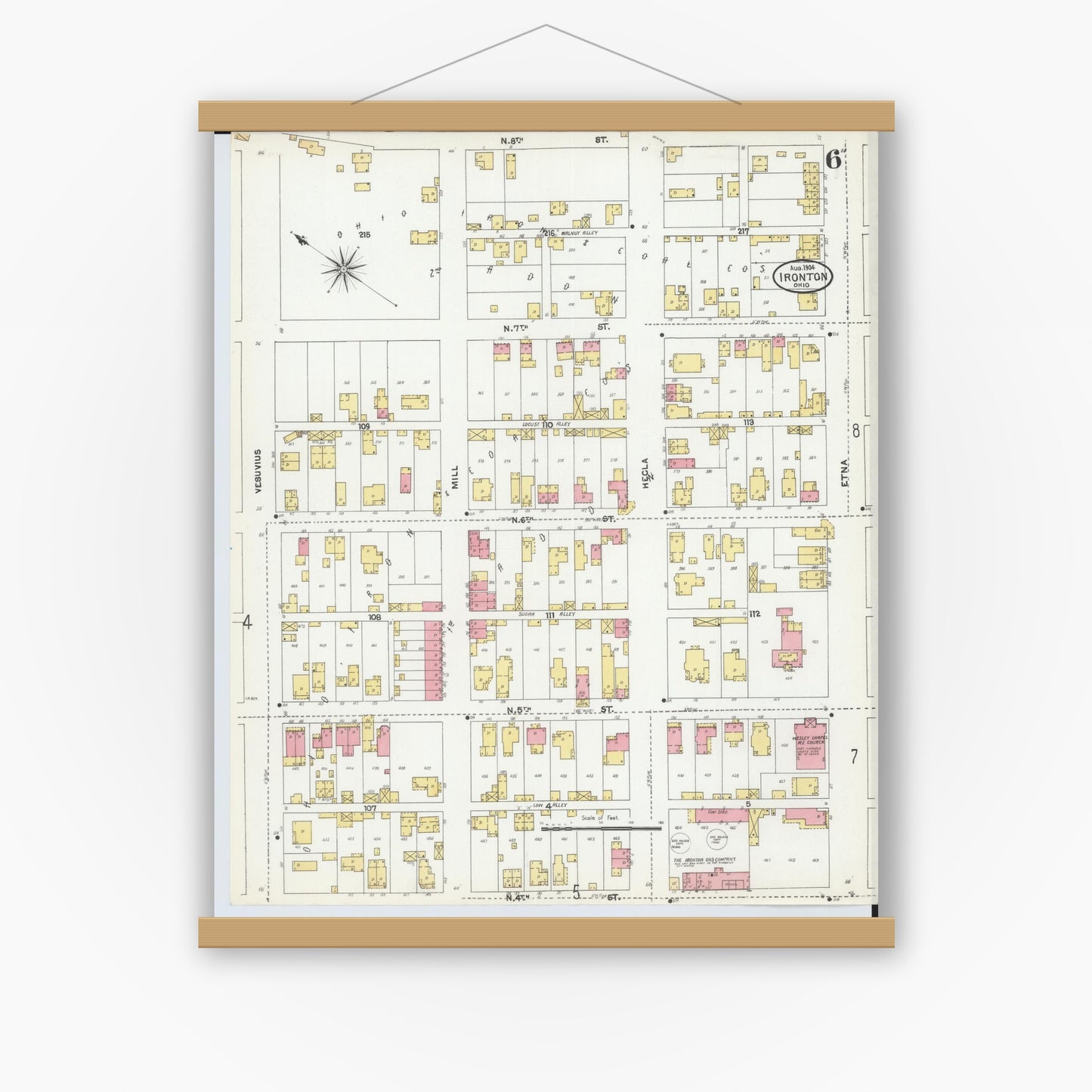 Old map wall art mockup — magnetic wood frame on white wall — Sanborn Fire Insurance Map from Ironton, Lawrence County, Ohio (1904), Sheet #0006
