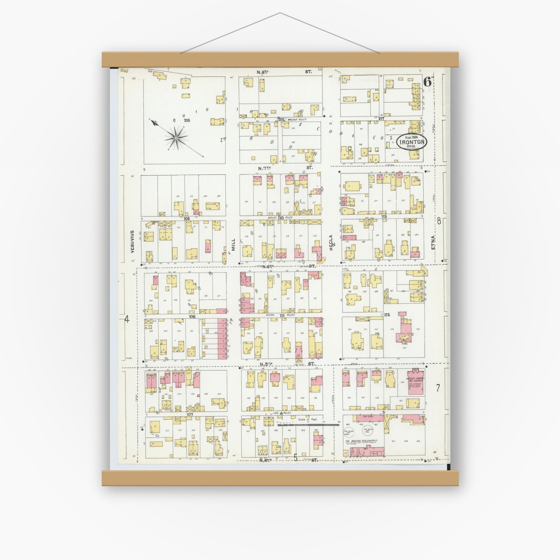 Old map wall art mockup — magnetic wood frame on white wall — Sanborn Fire Insurance Map from Ironton, Lawrence County, Ohio (1904), Sheet #0006